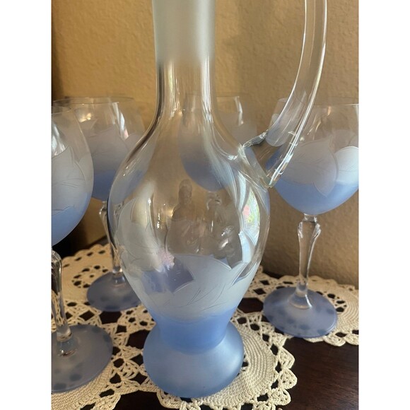 Beautiful Frosted Blue Etched Decanter and Wine Glasses - Picture 9 of 12